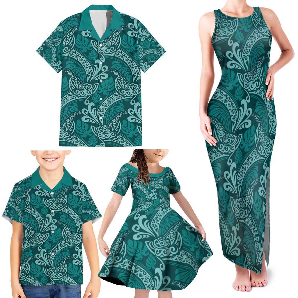 Teal Monstera Family Matching Tank Maxi Dress and Hawaiian Shirt Polynesian Tribal Pattern - Polynesian Pride