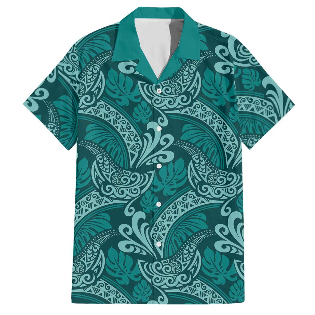 Teal Monstera Hawaiian Shirt Polynesian Tribal Pattern - Polynesian Pride