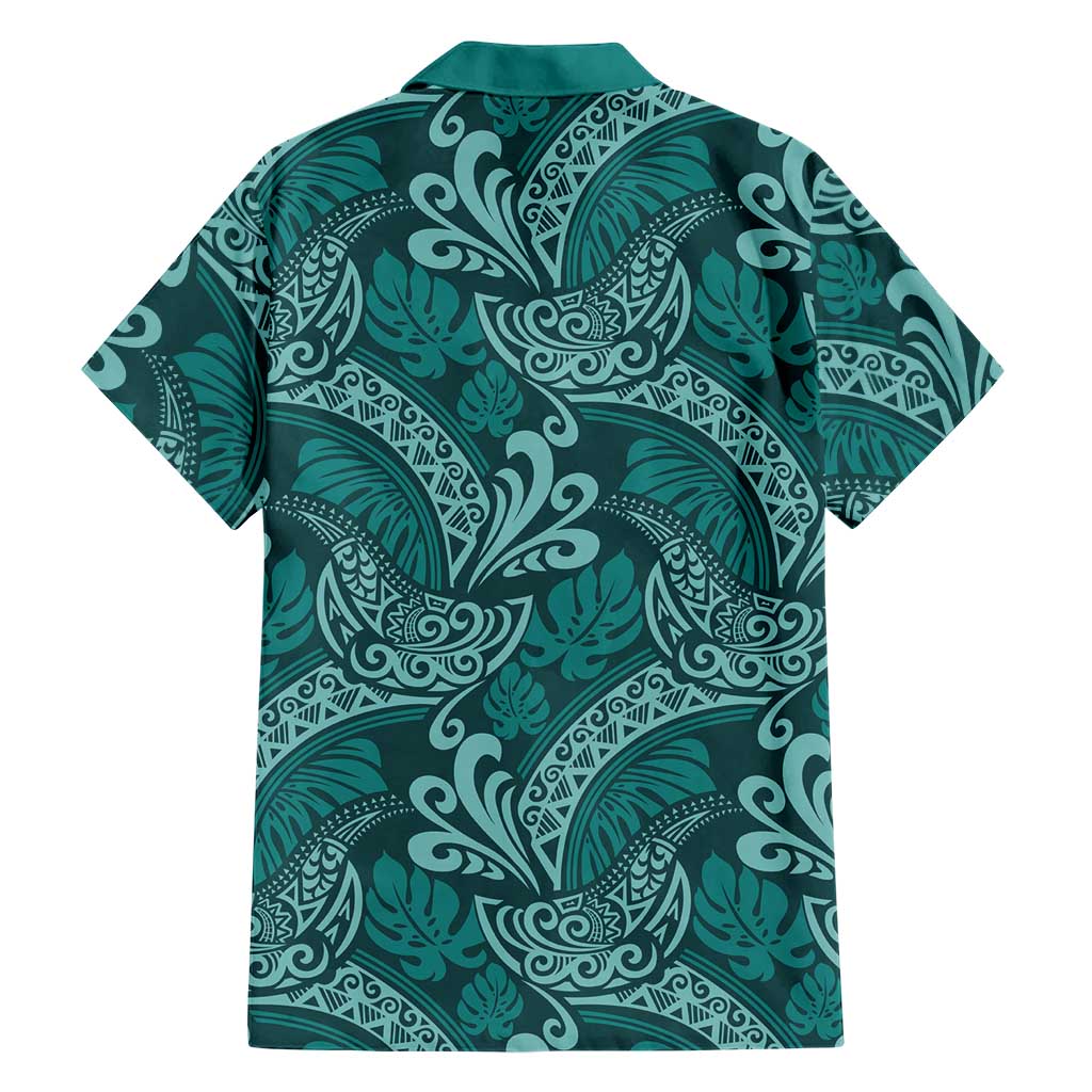 Teal Monstera Hawaiian Shirt Polynesian Tribal Pattern - Polynesian Pride