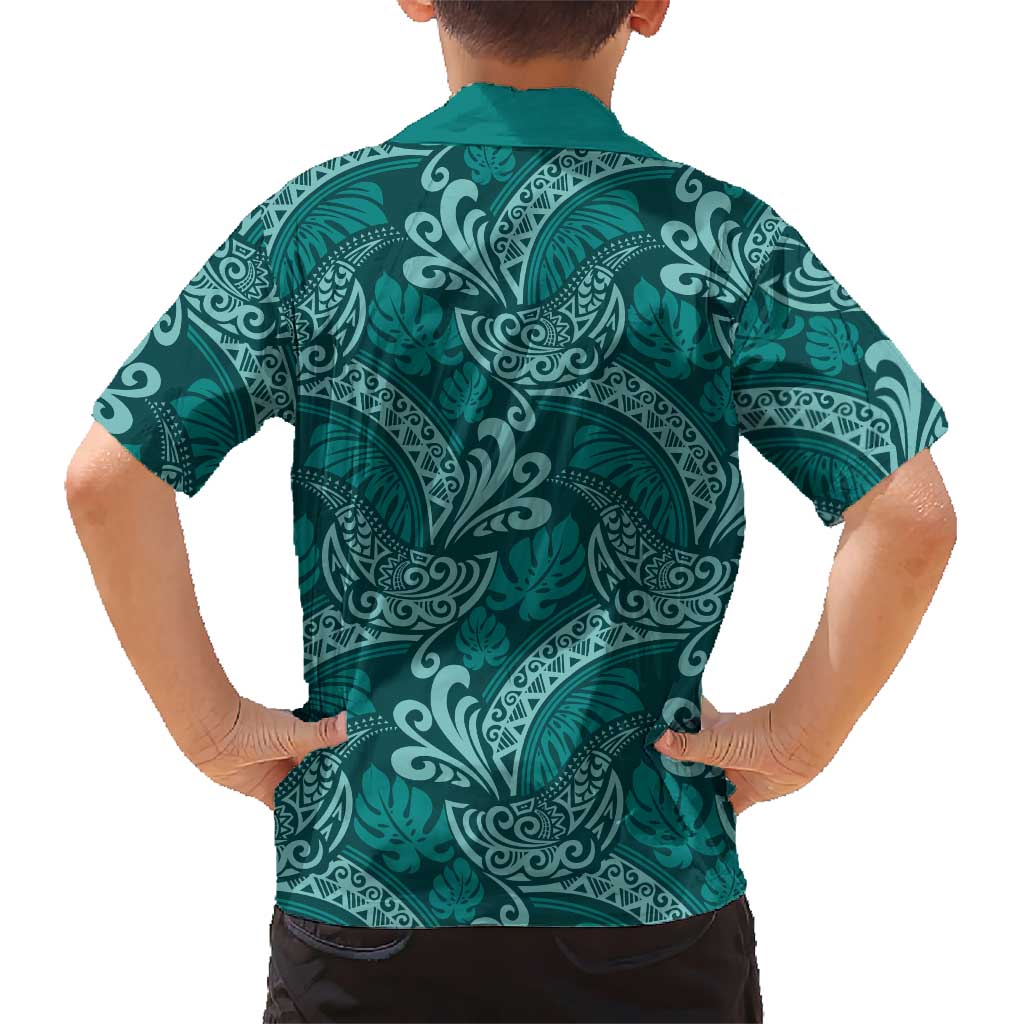 Teal Monstera Hawaiian Shirt Polynesian Tribal Pattern - Polynesian Pride