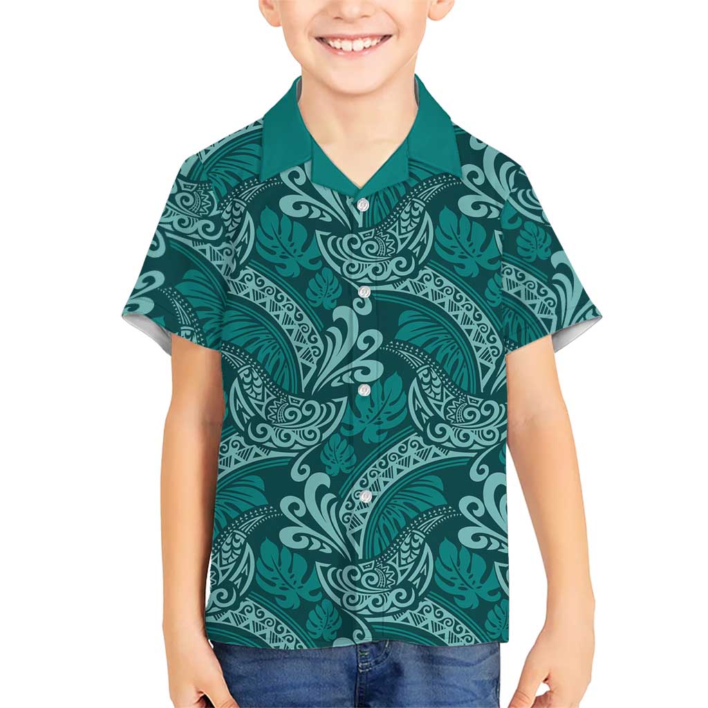 Teal Monstera Kid Hawaiian Shirt Polynesian Tribal Pattern LT01 Kid Teal - Polynesian Pride
