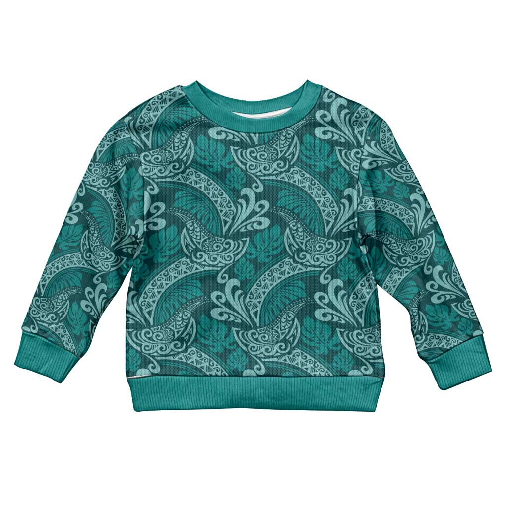 Teal Monstera Kid Ugly Christmas Sweater Polynesian Tribal Pattern LT01 Kid Teal - Polynesian Pride