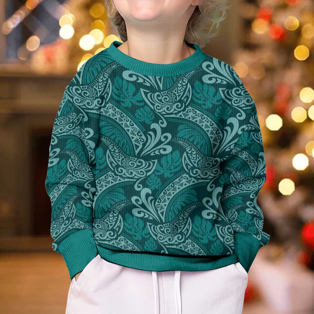 Teal Monstera Kid Ugly Christmas Sweater Polynesian Tribal Pattern LT01 - Polynesian Pride