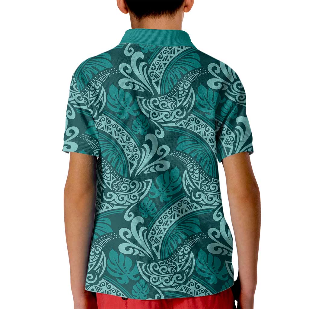 Teal Monstera Kid Polo Shirt Polynesian Tribal Pattern LT01 - Polynesian Pride