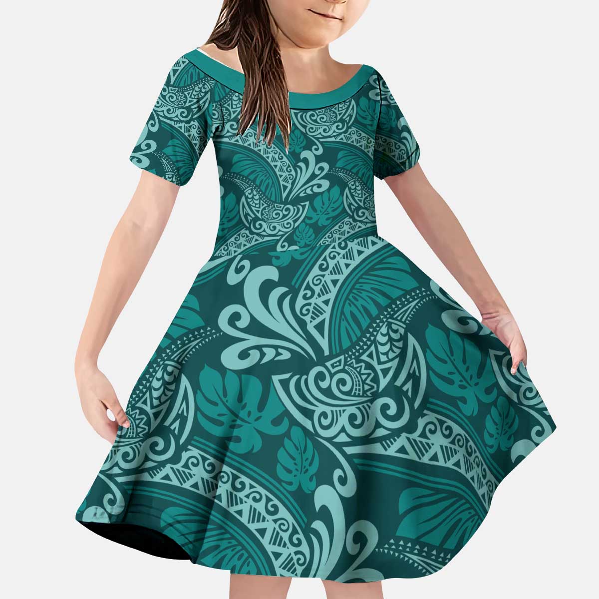 Teal Monstera Kid Short Sleeve Dress Polynesian Tribal Pattern LT01 KID Teal - Polynesian Pride