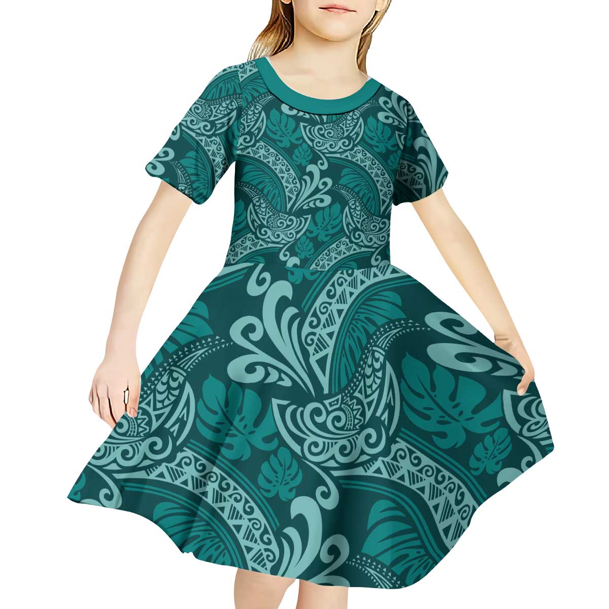 Teal Monstera Kid Short Sleeve Dress Polynesian Tribal Pattern LT01 - Polynesian Pride