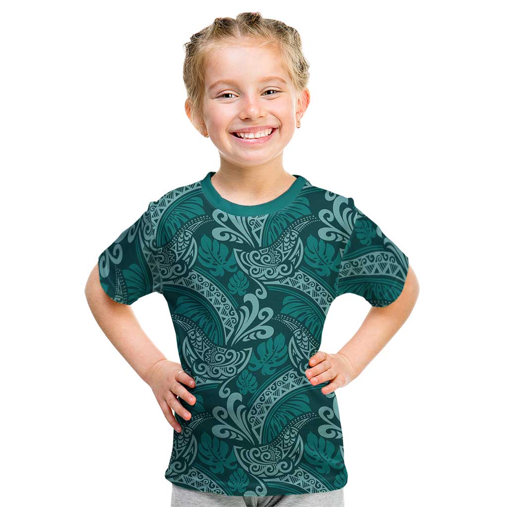 Teal Monstera Kid T Shirt Polynesian Tribal Pattern LT01 Teal - Polynesian Pride
