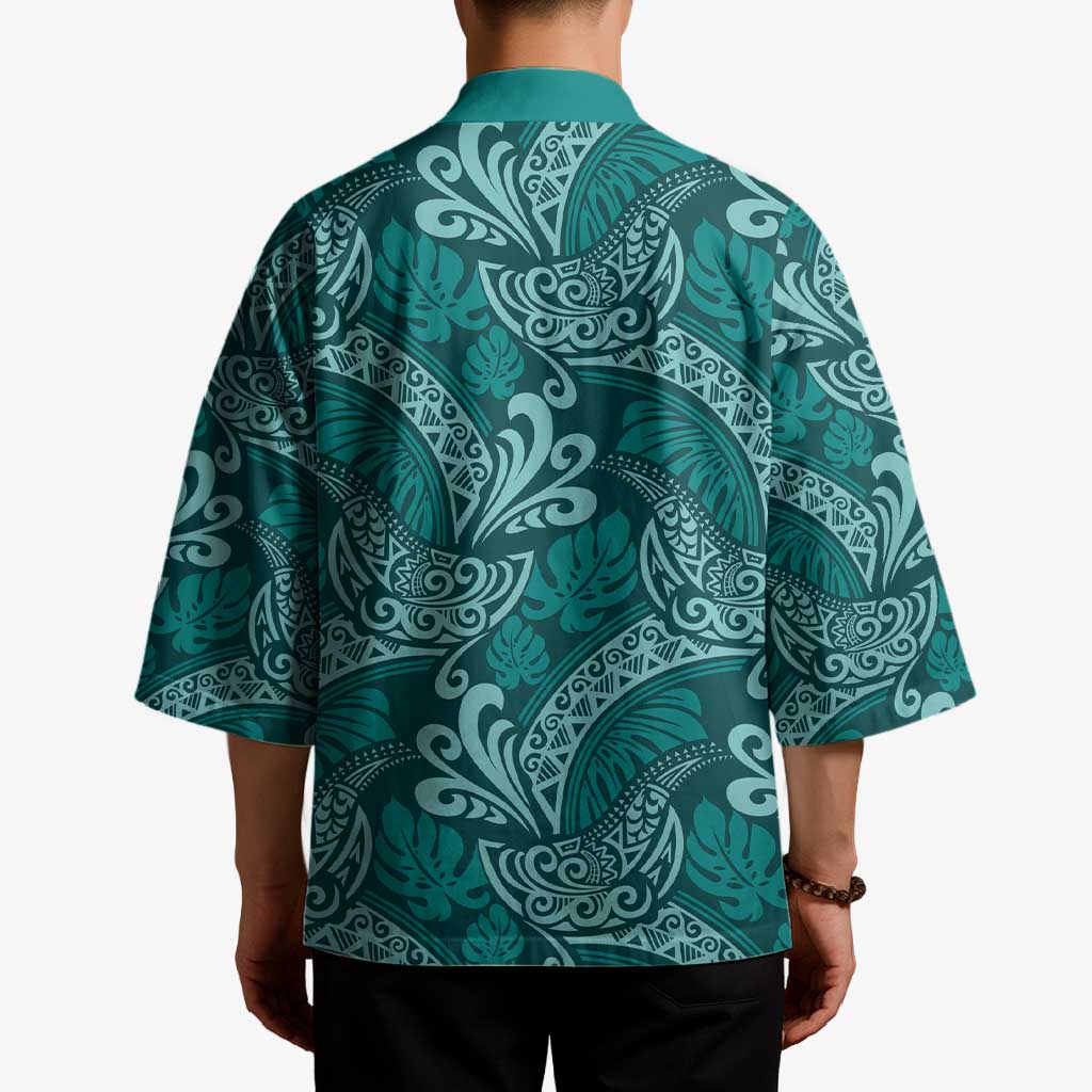 Teal Monstera Kimono Polynesian Tribal Pattern LT01 - Polynesian Pride