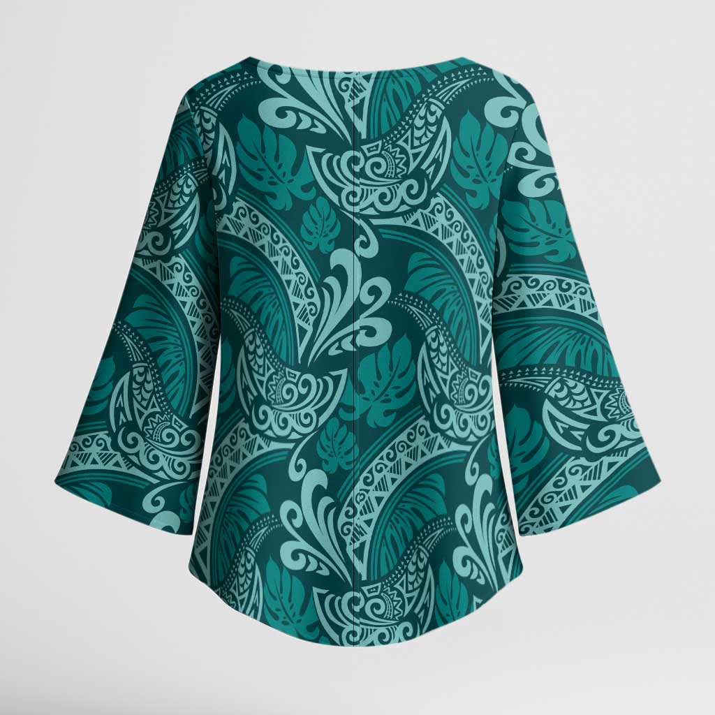Teal Monstera Kimono Sleeve Blouse Polynesian Tribal Pattern LT01 - Polynesian Pride