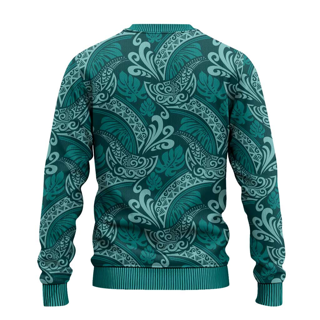 Teal Monstera Ugly Christmas Sweater Polynesian Tribal Pattern - Polynesian Pride