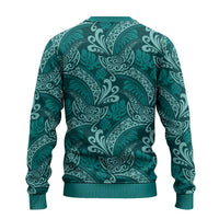 Teal Monstera Ugly Christmas Sweater Polynesian Tribal Pattern - Polynesian Pride