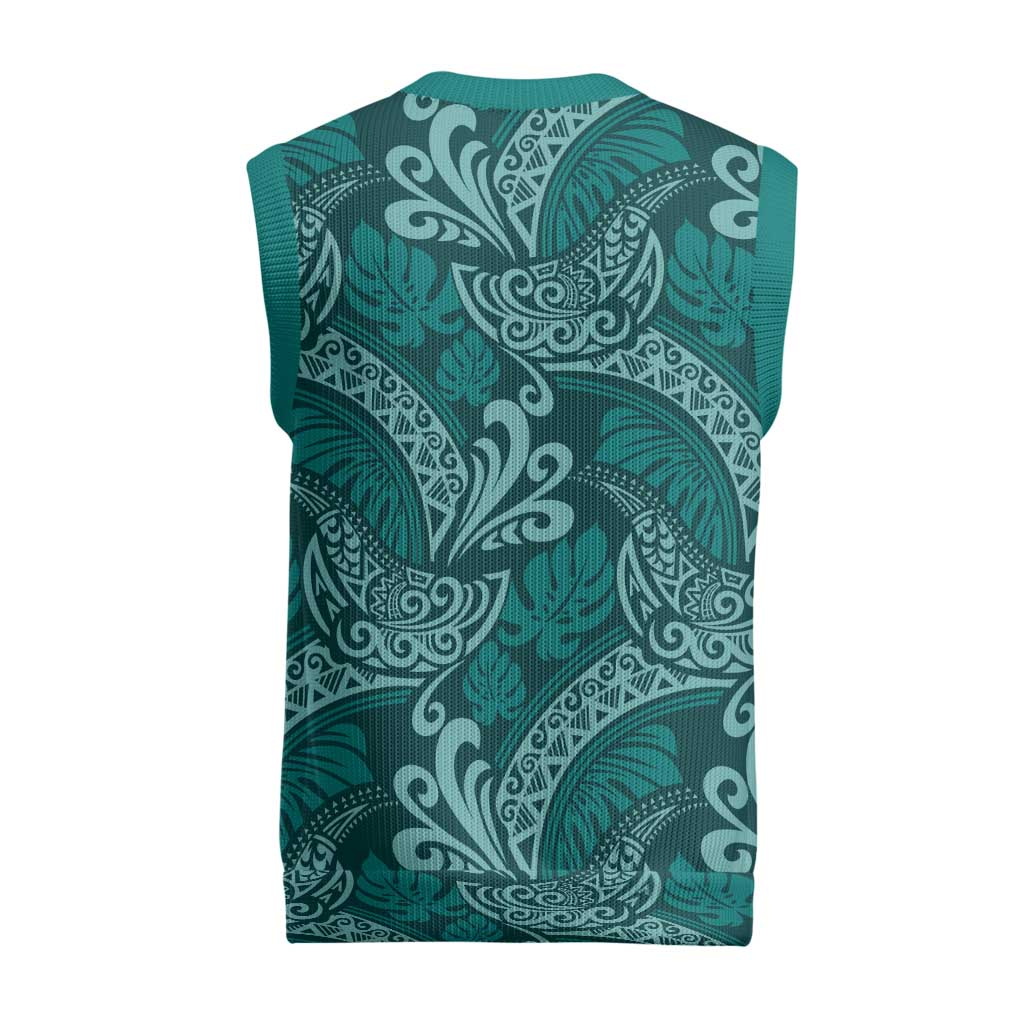 Teal Monstera Christmas Knitted V-Neck Vest Polynesian Tribal Pattern LT01 - Polynesian Pride