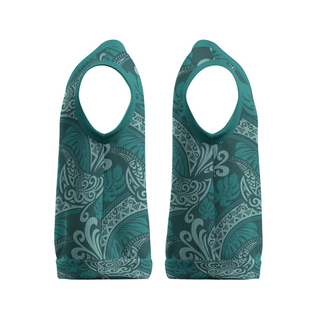 Teal Monstera Christmas Knitted V-Neck Vest Polynesian Tribal Pattern LT01 - Polynesian Pride