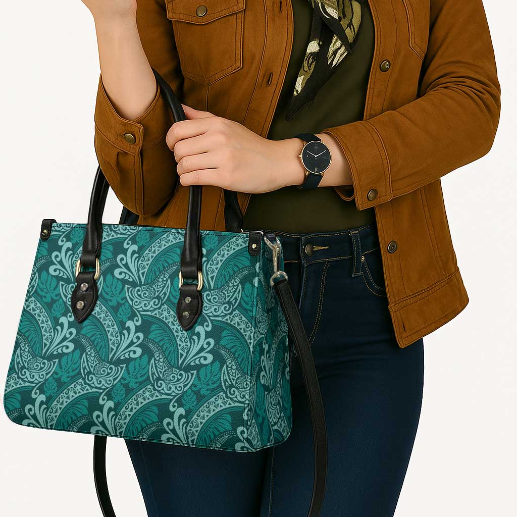Teal Monstera Leather Bag Polynesian Tribal Pattern - Polynesian Pride