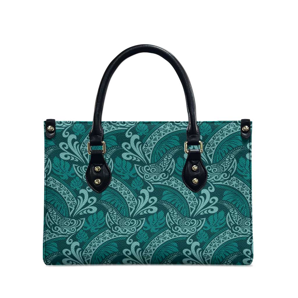 Teal Monstera Leather Bag Polynesian Tribal Pattern - Polynesian Pride