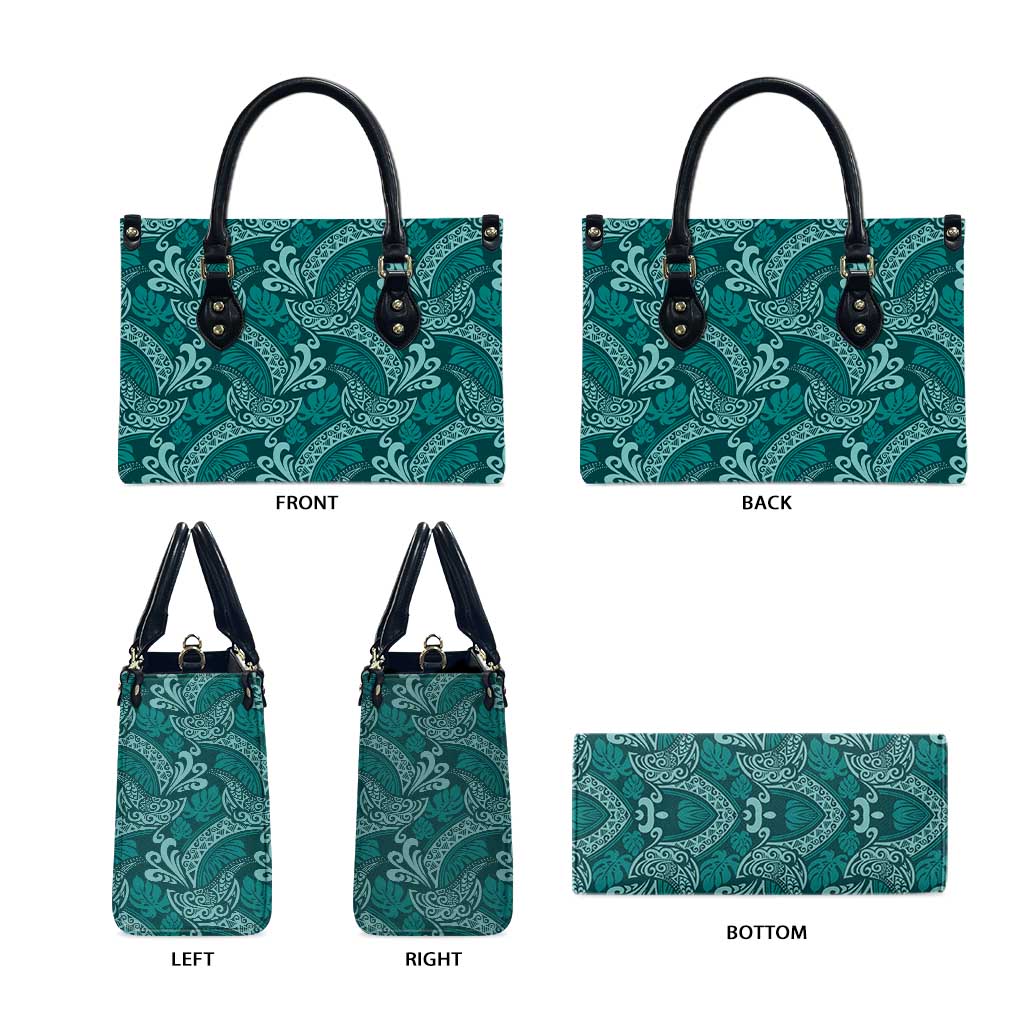 Teal Monstera Leather Bag Polynesian Tribal Pattern - Polynesian Pride