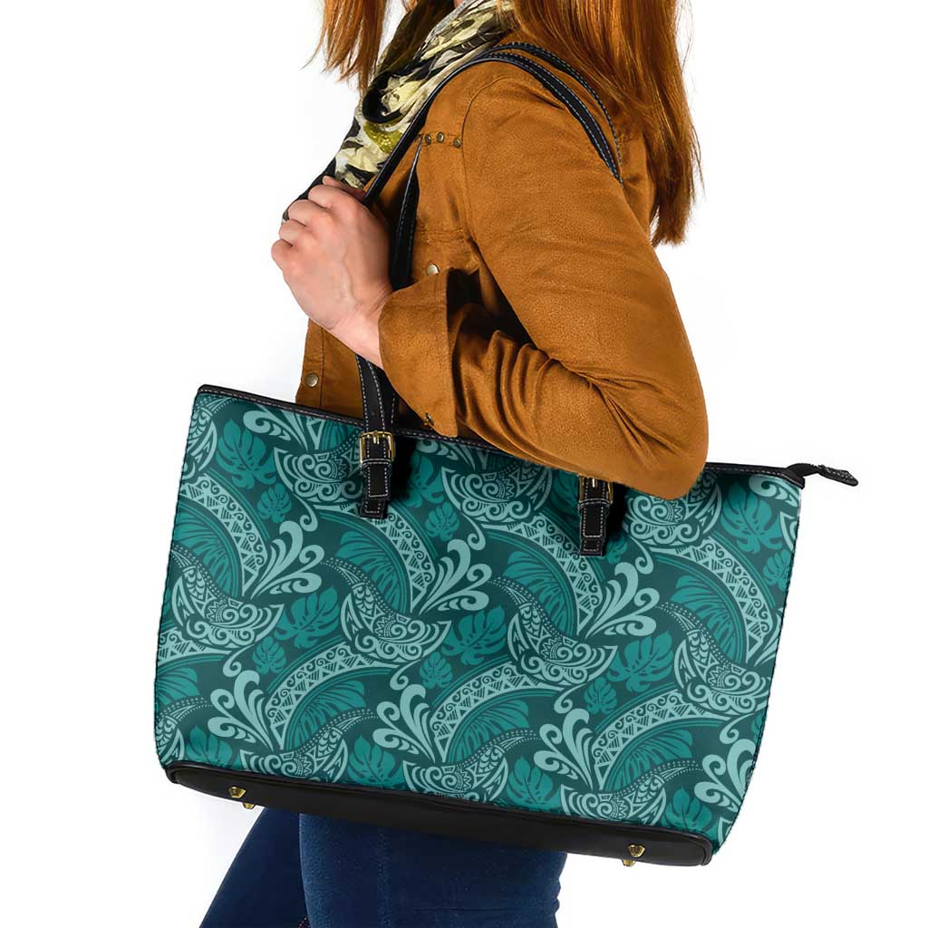 Teal Monstera Leather Tote Bag Polynesian Tribal Pattern - Polynesian Pride
