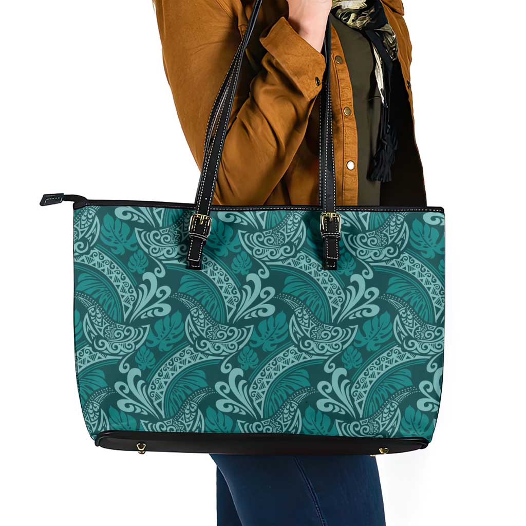 Teal Monstera Leather Tote Bag Polynesian Tribal Pattern - Polynesian Pride