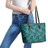 Teal Monstera Leather Tote Bag Polynesian Tribal Pattern - Polynesian Pride