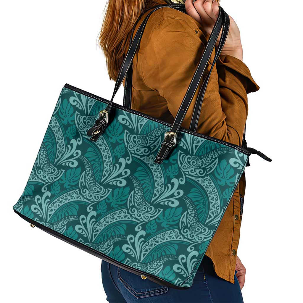 Teal Monstera Leather Tote Bag Polynesian Tribal Pattern - Polynesian Pride