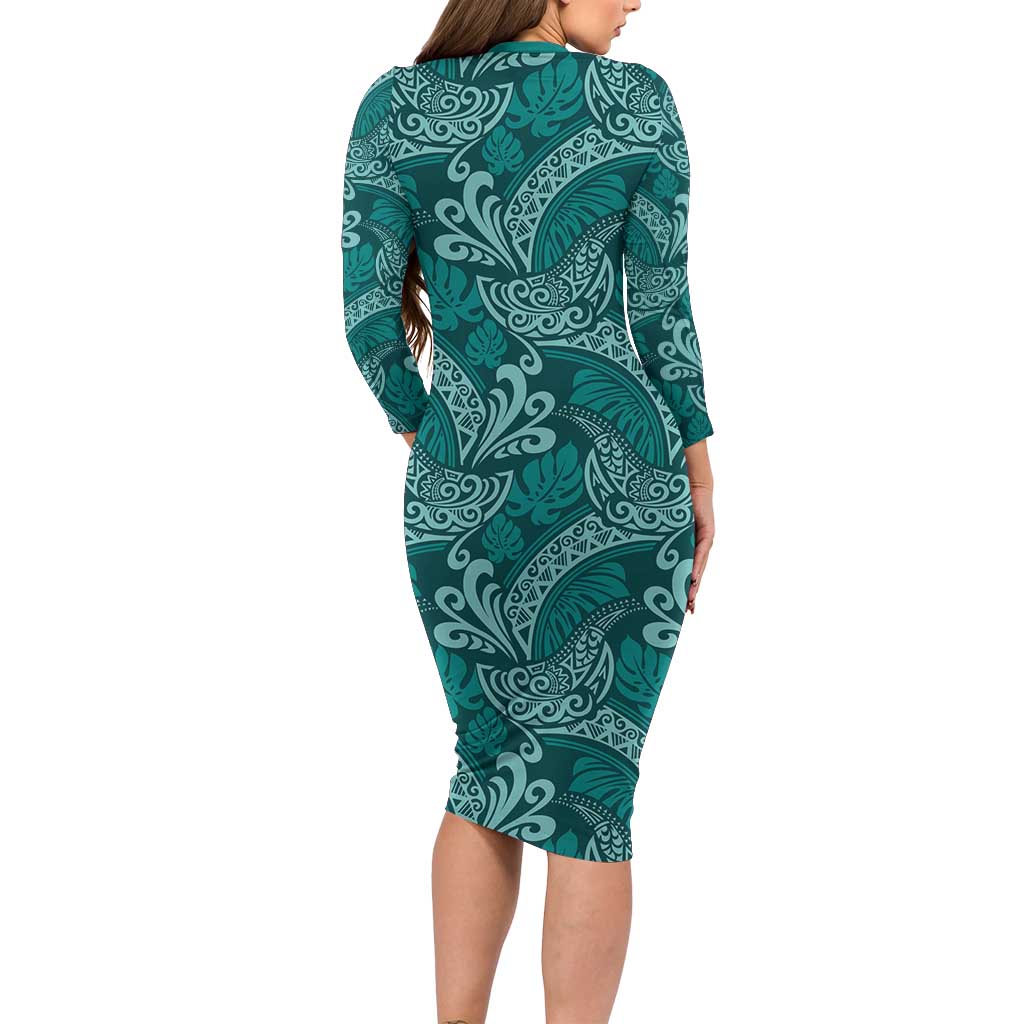 Teal Monstera Long Sleeve Bodycon Dress Polynesian Tribal Pattern - Polynesian Pride