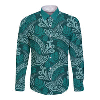 Teal Monstera Long Sleeve Button Shirt Polynesian Tribal Pattern LT01 Unisex Teal - Polynesian Pride
