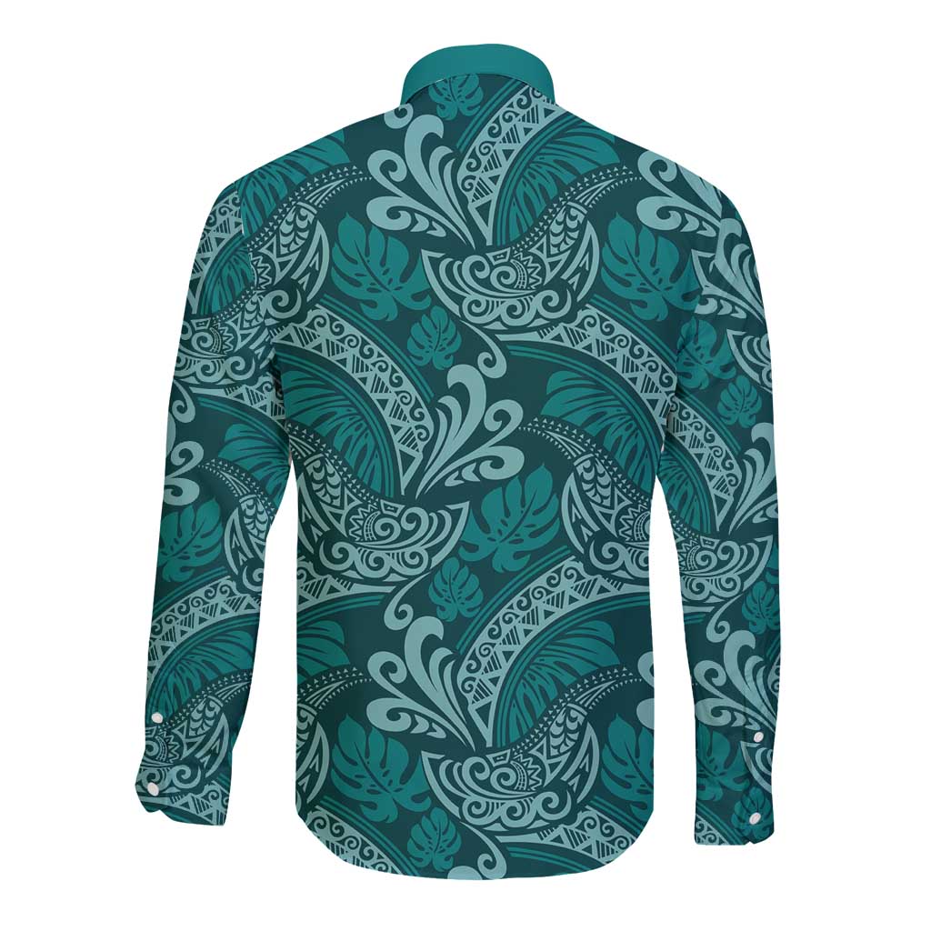 Teal Monstera Long Sleeve Button Shirt Polynesian Tribal Pattern LT01 - Polynesian Pride
