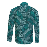 Teal Monstera Long Sleeve Button Shirt Polynesian Tribal Pattern LT01 - Polynesian Pride