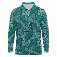 Teal Monstera Long Sleeve Polo Shirt Polynesian Tribal Pattern LT01 Teal - Polynesian Pride