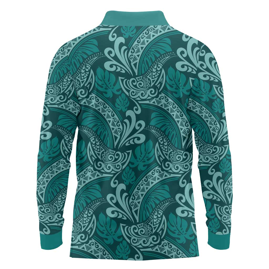 Teal Monstera Long Sleeve Polo Shirt Polynesian Tribal Pattern LT01 - Polynesian Pride