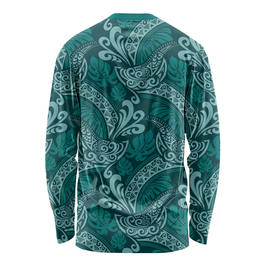 Teal Monstera Long Sleeve Shirt Polynesian Tribal Pattern LT01 - Polynesian Pride