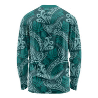 Teal Monstera Long Sleeve Shirt Polynesian Tribal Pattern LT01 - Polynesian Pride