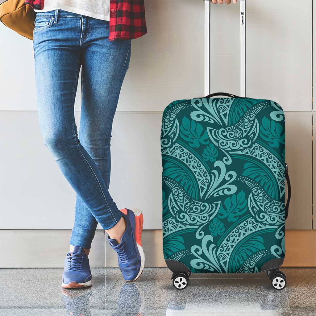 Teal Monstera Luggage Cover Polynesian Tribal Pattern - Polynesian Pride