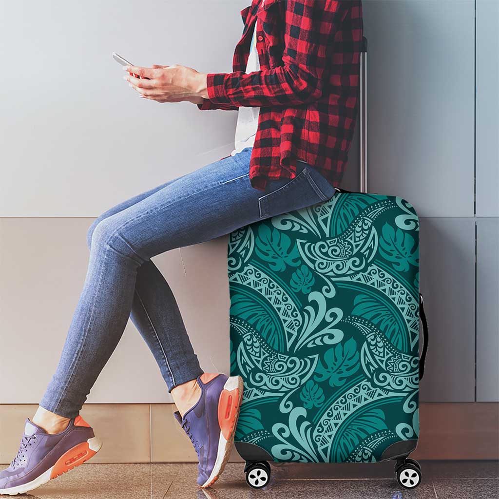 Teal Monstera Luggage Cover Polynesian Tribal Pattern - Polynesian Pride