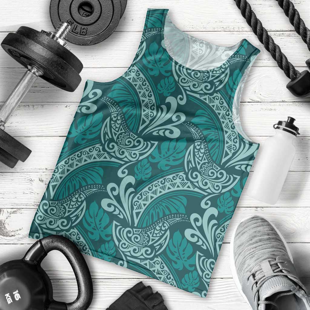 Teal Monstera Men Tank Top Polynesian Tribal Pattern LT01 - Polynesian Pride