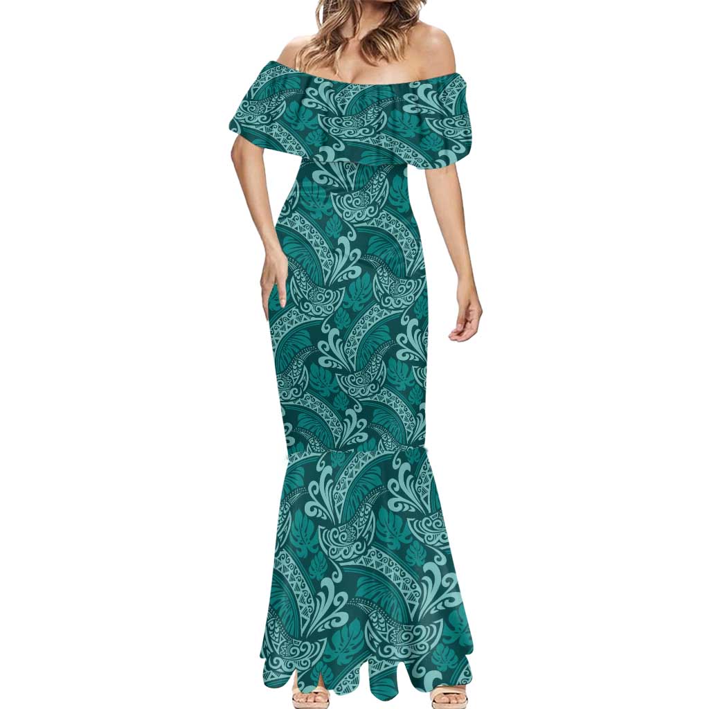 Teal Monstera Mermaid Dress Polynesian Tribal Pattern LT01 - Polynesian Pride