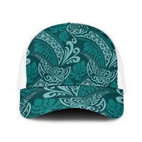 Teal Monstera Mesh Trucker Cap Polynesian Tribal Pattern - Polynesian Pride