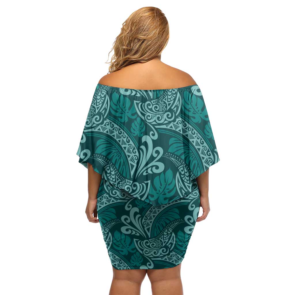 Teal Monstera Off Shoulder Short Dress Polynesian Tribal Pattern LT01 - Polynesian Pride
