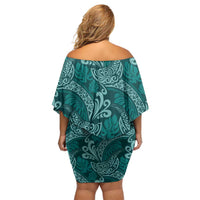 Teal Monstera Off Shoulder Short Dress Polynesian Tribal Pattern LT01 - Polynesian Pride