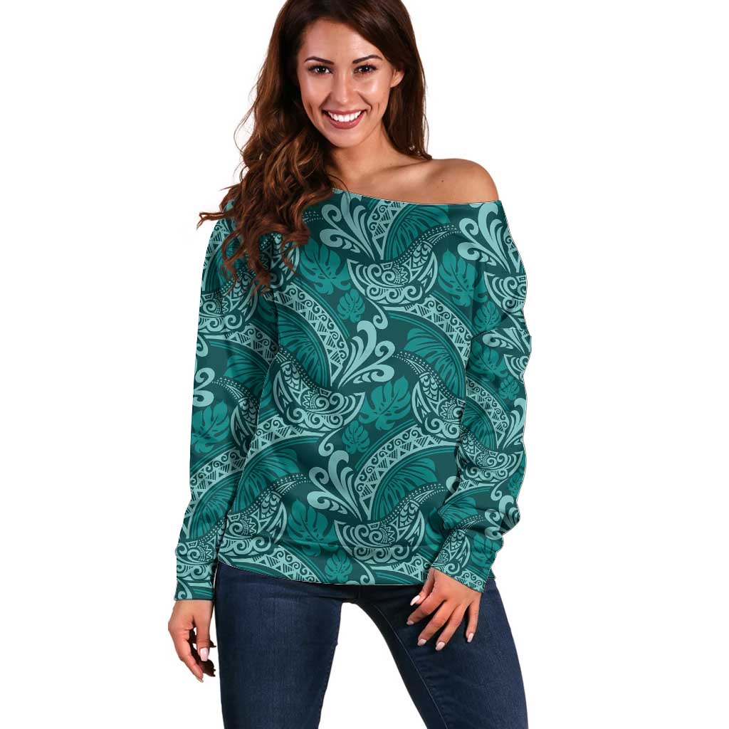 Teal Monstera Off Shoulder Sweater Polynesian Tribal Pattern - Polynesian Pride
