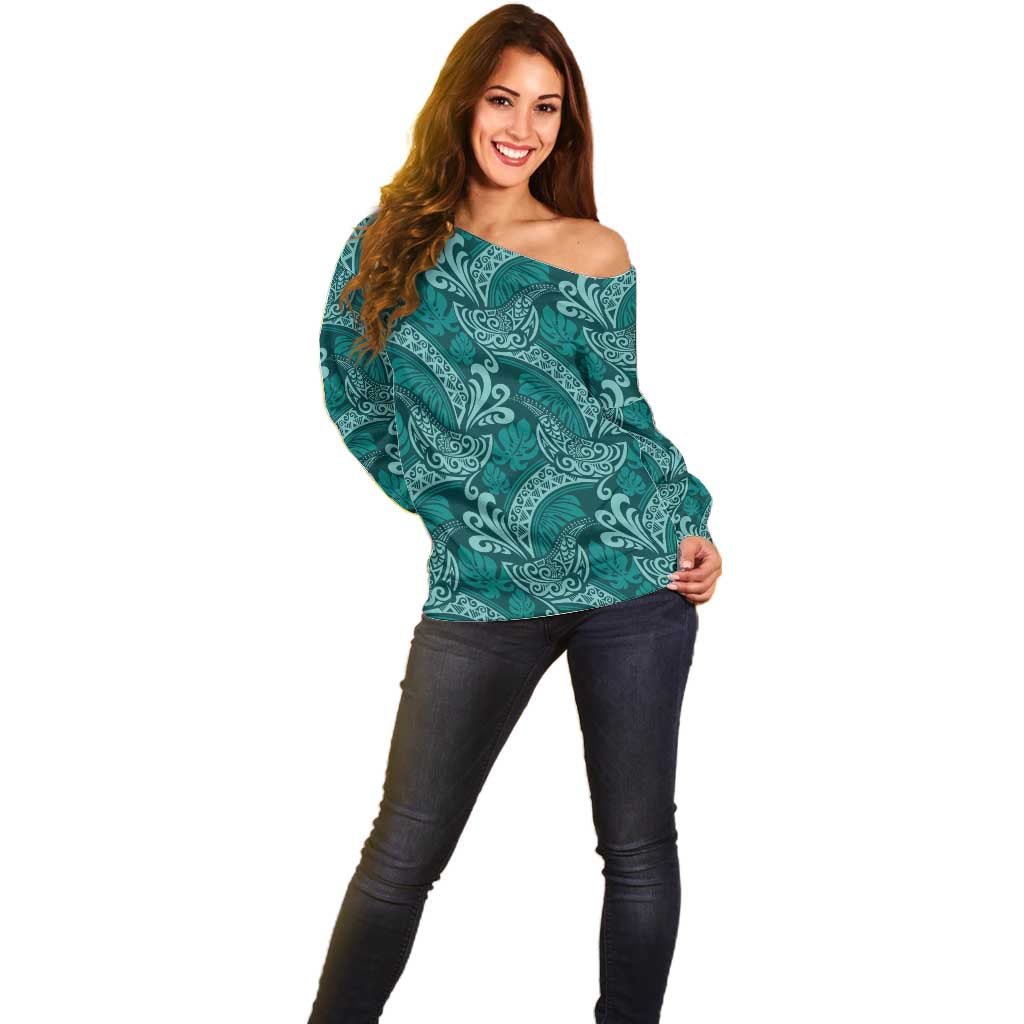 Teal Monstera Off Shoulder Sweater Polynesian Tribal Pattern - Polynesian Pride