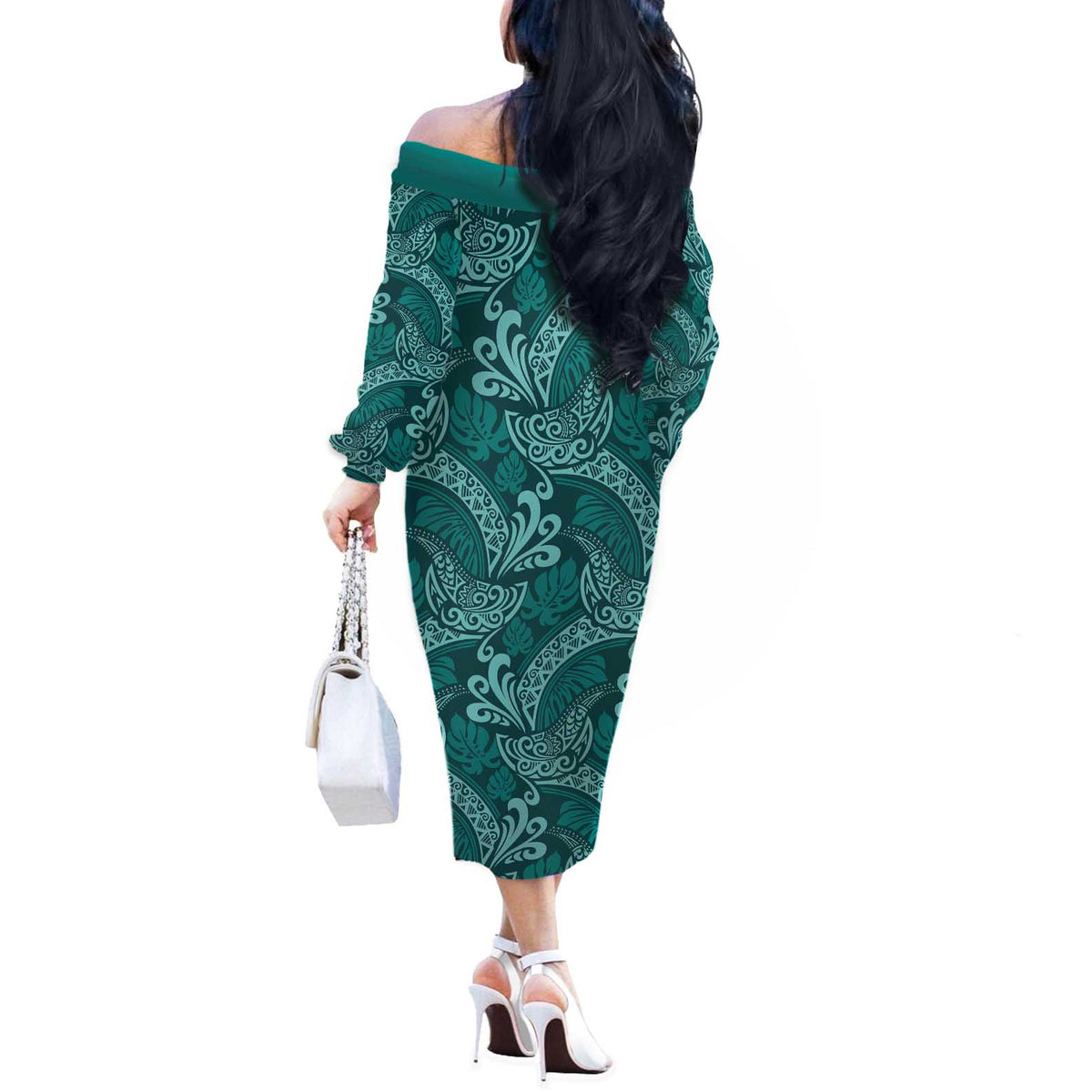 Teal Monstera Off The Shoulder Long Sleeve Dress Polynesian Tribal Pattern LT01 - Polynesian Pride