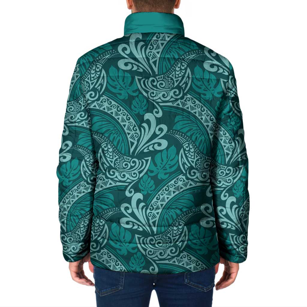 Teal Monstera Padded Jacket Polynesian Tribal Pattern LT01 - Polynesian Pride