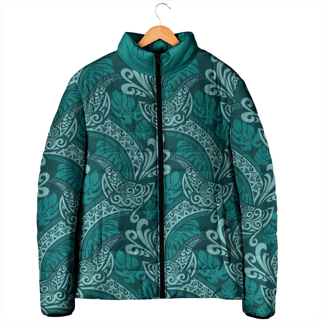 Teal Monstera Padded Jacket Polynesian Tribal Pattern LT01 - Polynesian Pride