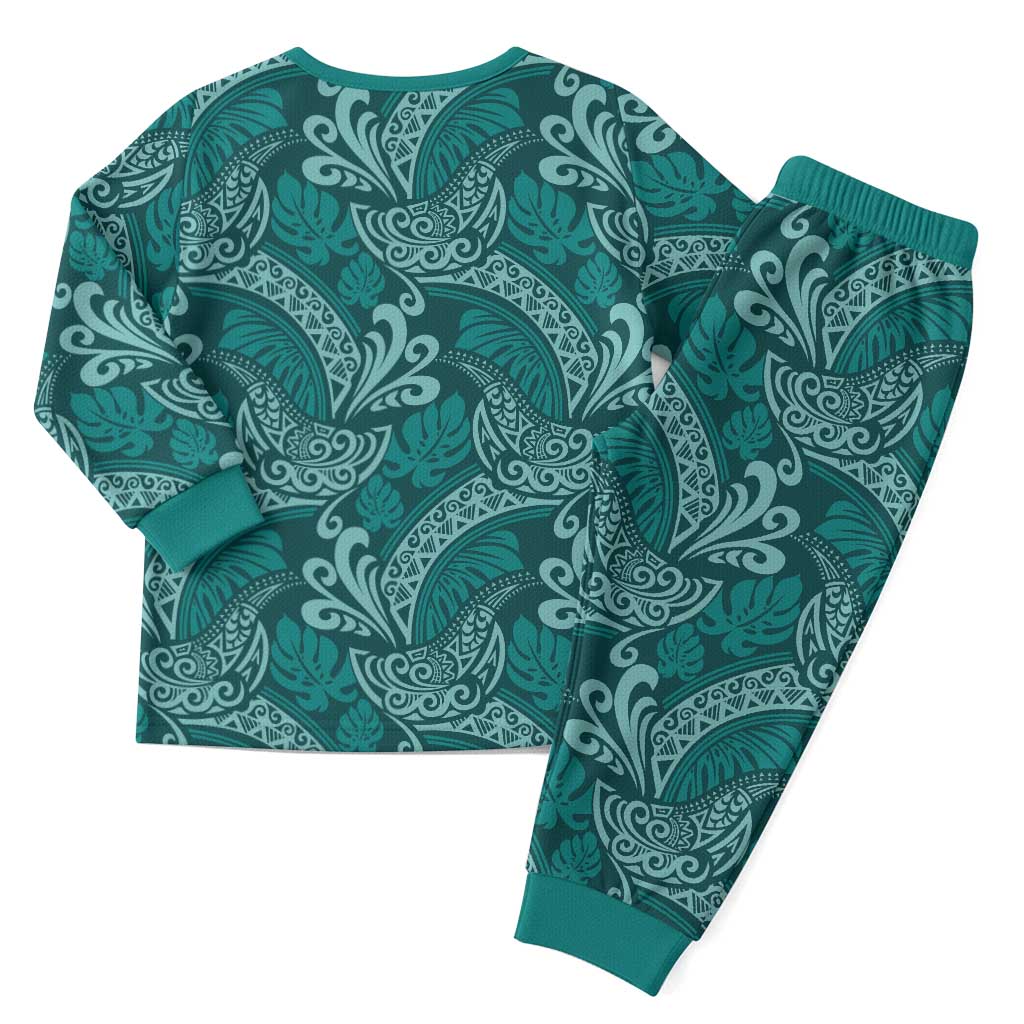 Teal Monstera Christmas Pajama Set Polynesian Tribal Pattern LT01 - Polynesian Pride