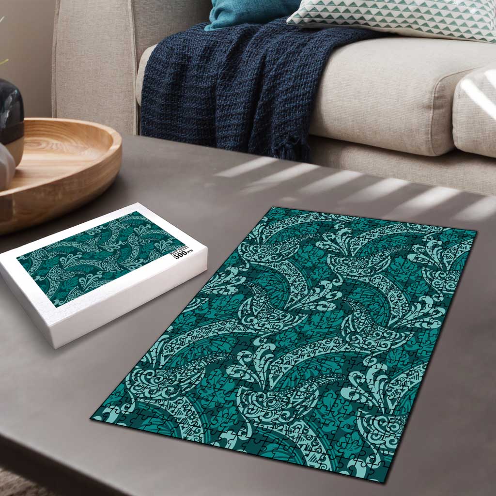 Teal Monstera Puzzle Polynesian Tribal Pattern LT01 - Polynesian Pride