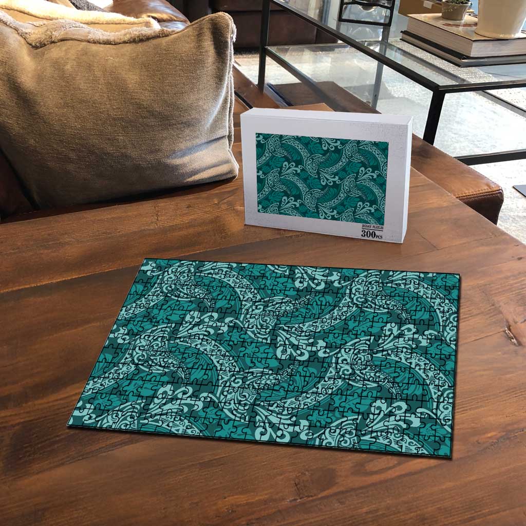 Teal Monstera Puzzle Polynesian Tribal Pattern LT01 - Polynesian Pride