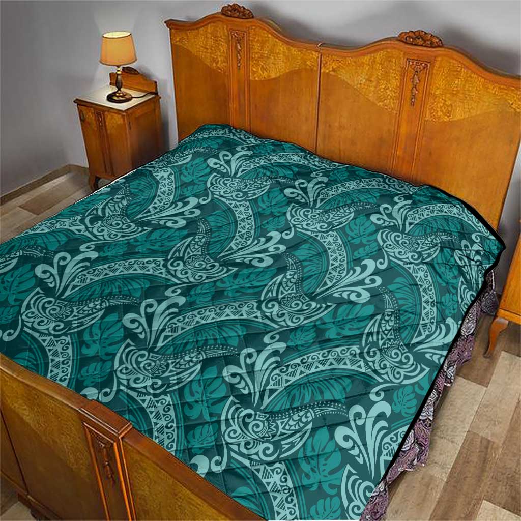 Teal Monstera Quilt Polynesian Tribal Pattern - Polynesian Pride