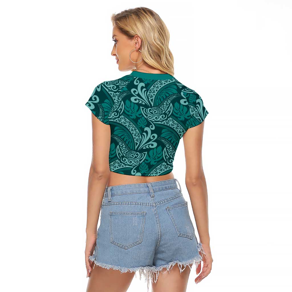 Teal Monstera Raglan Cropped T Shirt Polynesian Tribal Pattern LT01 - Polynesian Pride