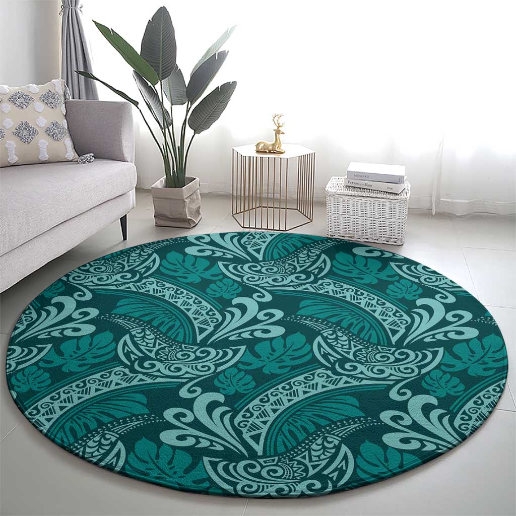 Teal Monstera Round Carpet Polynesian Tribal Pattern - Polynesian Pride
